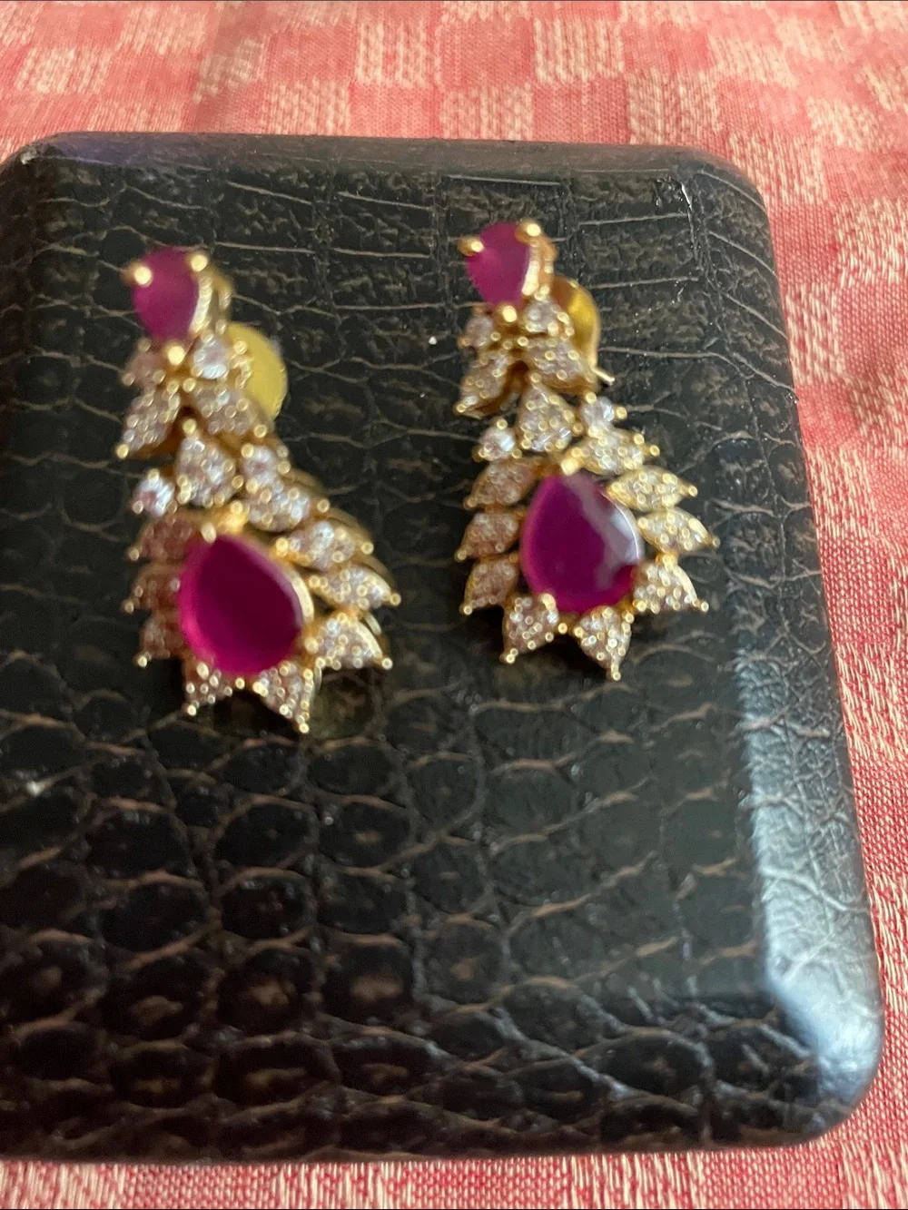 Gold-Tone Pink Teardrop and Crystal Cluster Earrings